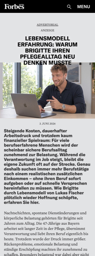 Forbes Austria Advertorial: Lebensmodell Erfahrung – warum Brigitte ihren Pflegealltag neu denken musste (Lukas Fischer, Lebensmodell)